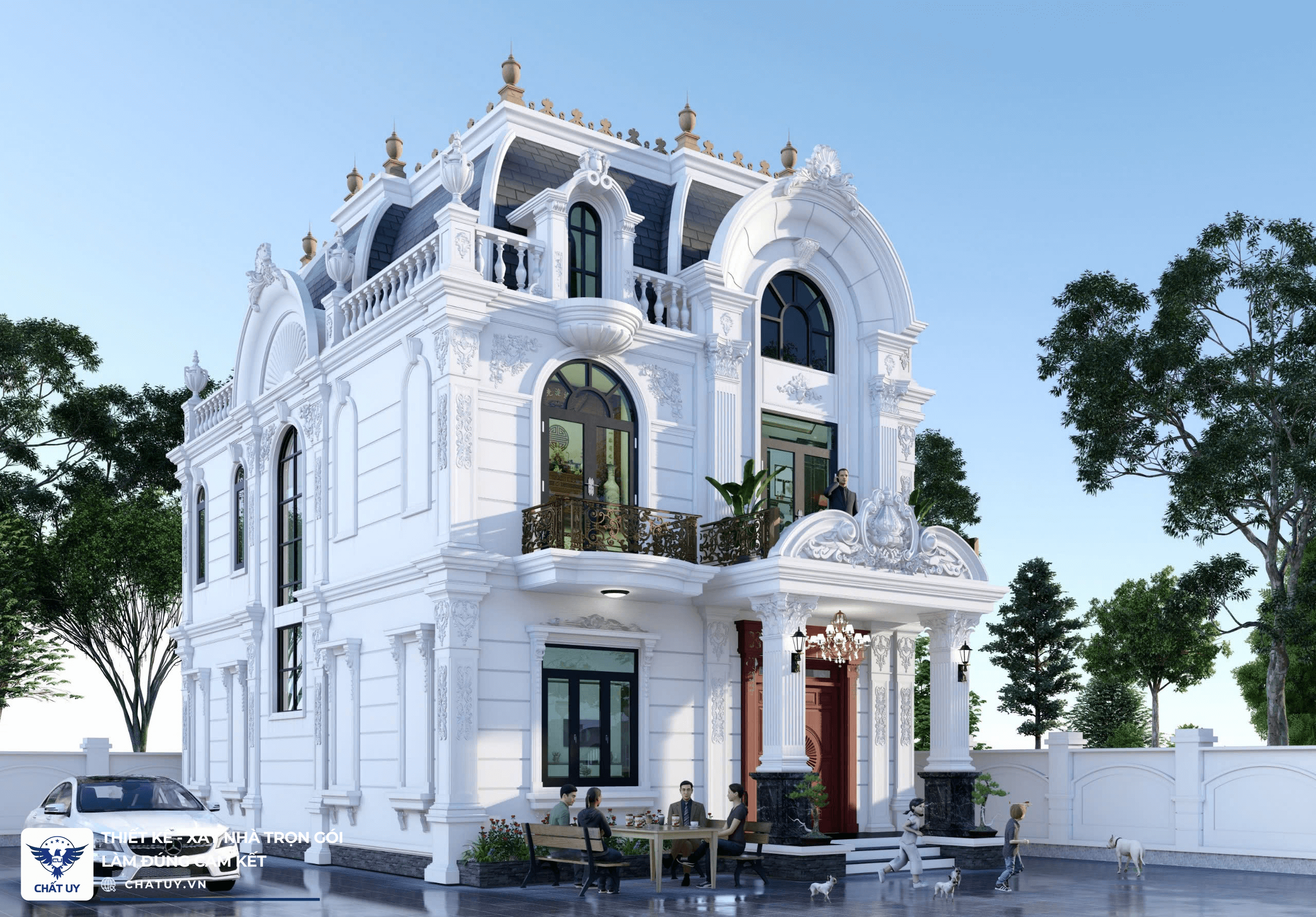 Phối cảnh tổng thể biệt thự 3 tầng tân cổ điển của chú Tới. Mặt tiền rộng rãi, thoáng mát và thẩm mỹ.