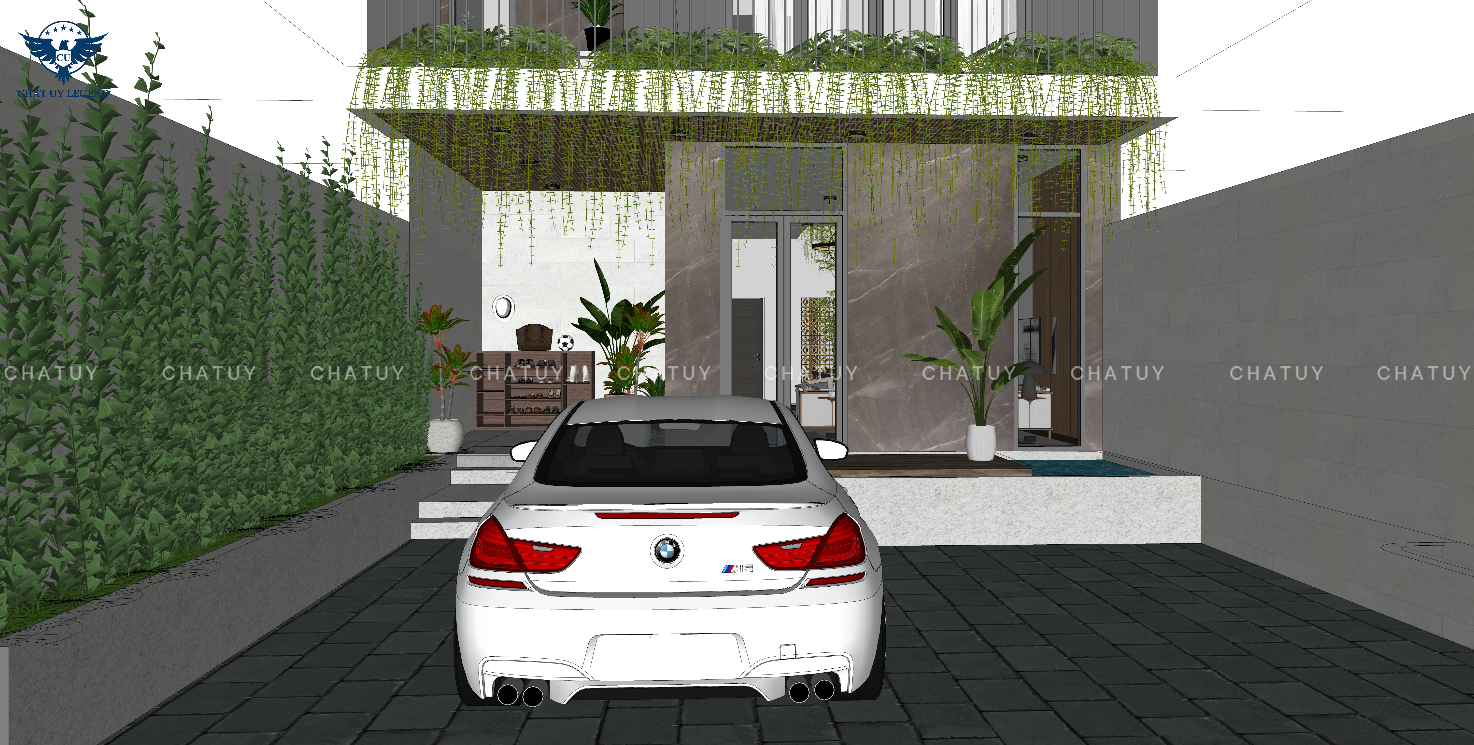 Phối cảnh 3D biệt thự 3 tầng hiện đại sân trước kiêm nơi để ô tô.