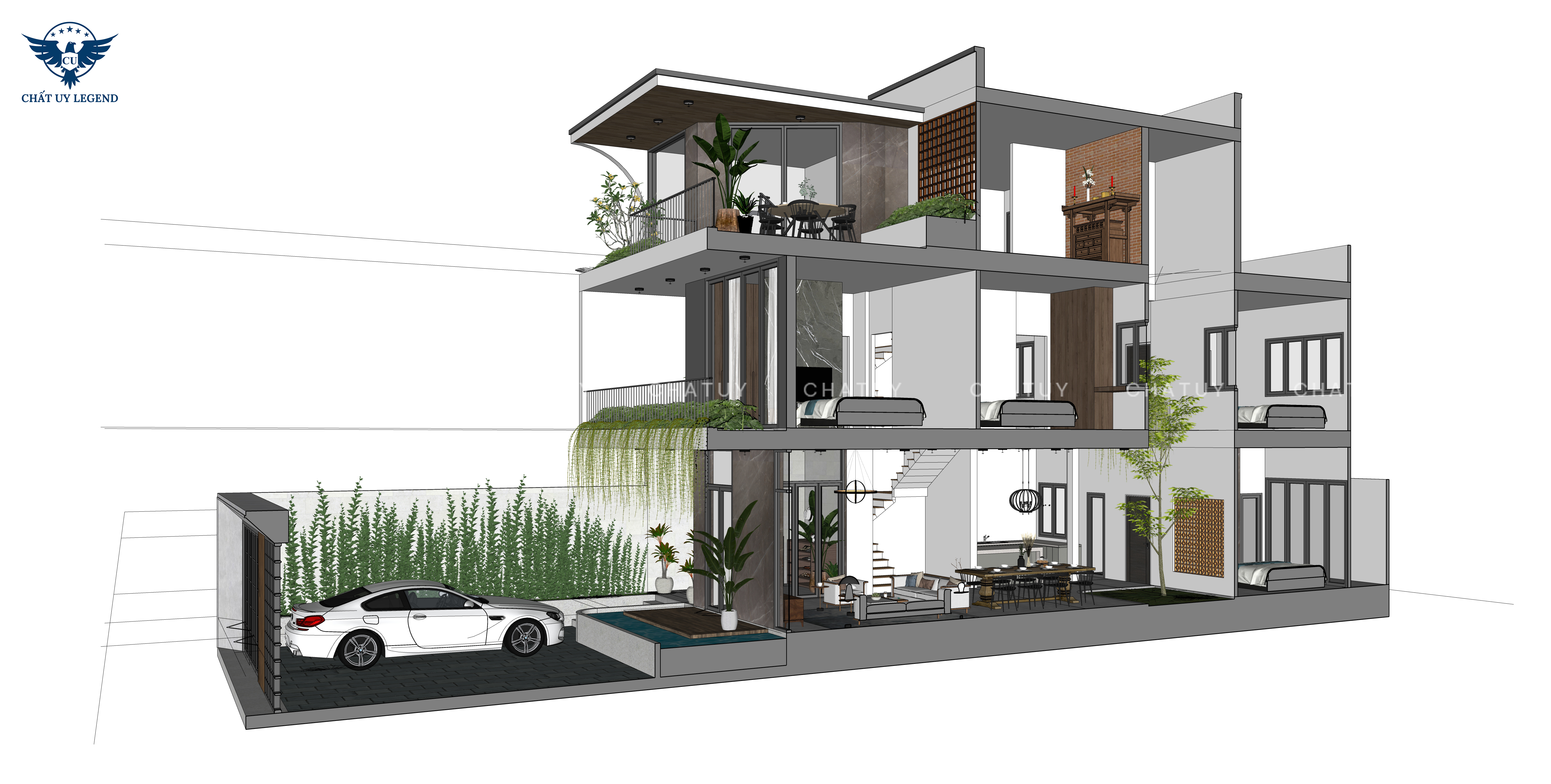 Phối cảnh 3D mặt cắt trục đứng của biệt thự 3 tầng hiện đại. Tầng trệt gồm sân để xe, sảnh, phòng khách, phòng ăn kèm bếp, phòng ngủ phía sau cùng. Tầng 2 bao gồm không gian sinh hoạt chung và 3 phòng ngủ. Tầng 3 dành cho phòng thờ, phòng gym, phòng làm việc và sân sau là không gian giặt phơi