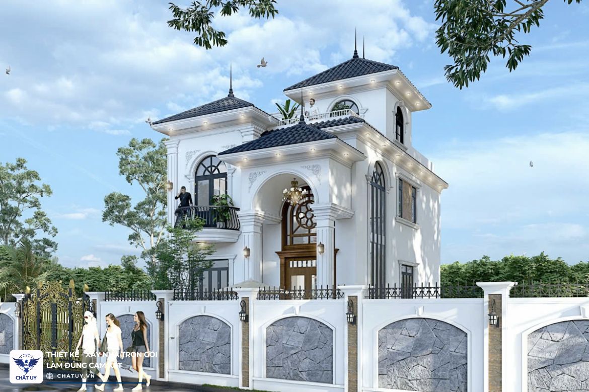 Biệt thự nhà anh Linh được Chất Uy thiết kế theo phong cách tân cổ điển kết hợp mái Nhật có độ dốc nhẹ, tạo nên vẻ hài hòa cho công trình