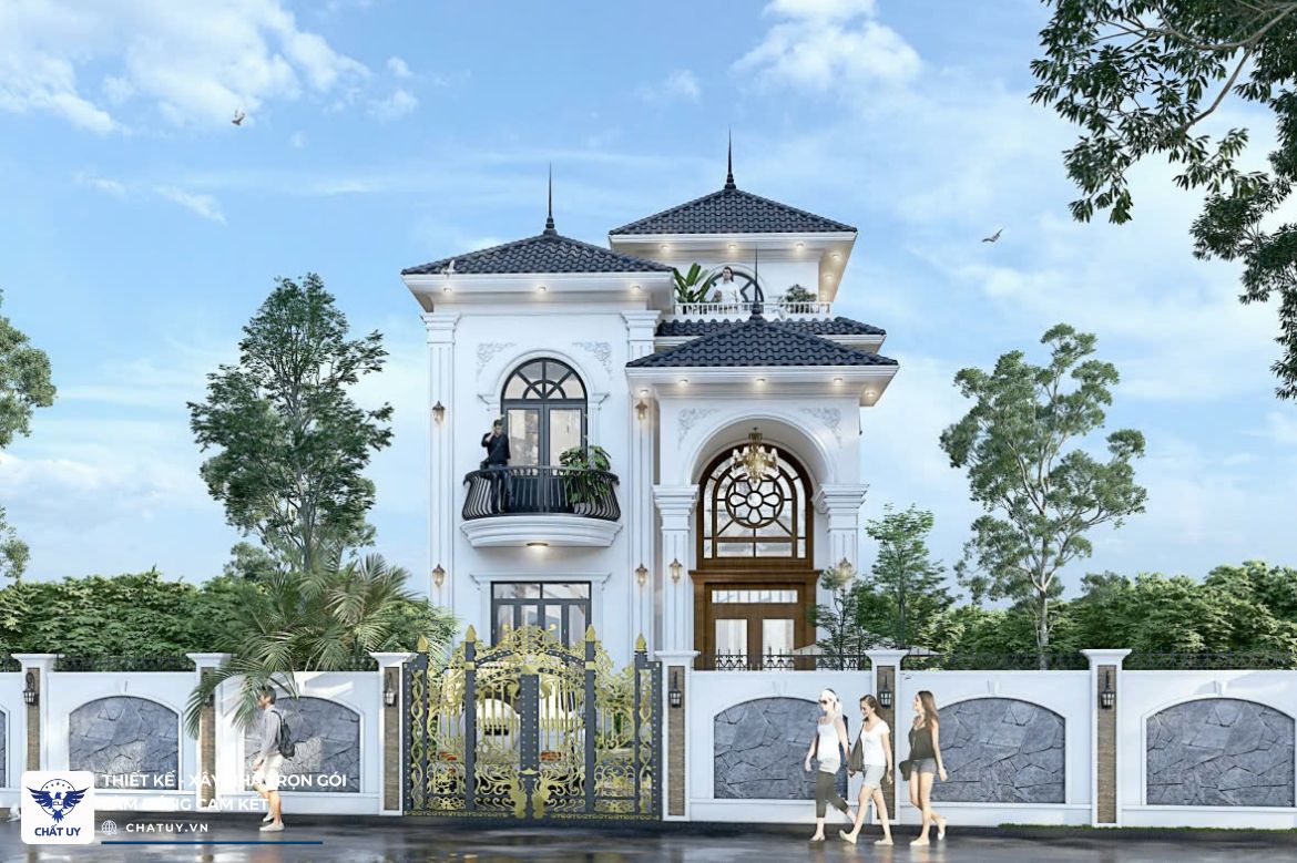 Màu sơn trắng phối cùng xanh xám tạo nên sắc lạnh uy thế, sang trọng cho căn biệt thự. Các chi tiết hoa văn, phào chỉ, phù điêu góp phần tạo ấn tượng hơn
