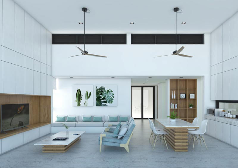 Phòng khách được kết hợp khu vực ăn uống. Không gian rộng rãi, thoải mái khi sinh hoạt. Tông màu trắng xám điểm xuyết các chi tiết màu gỗ ấm áp, gần gũi.