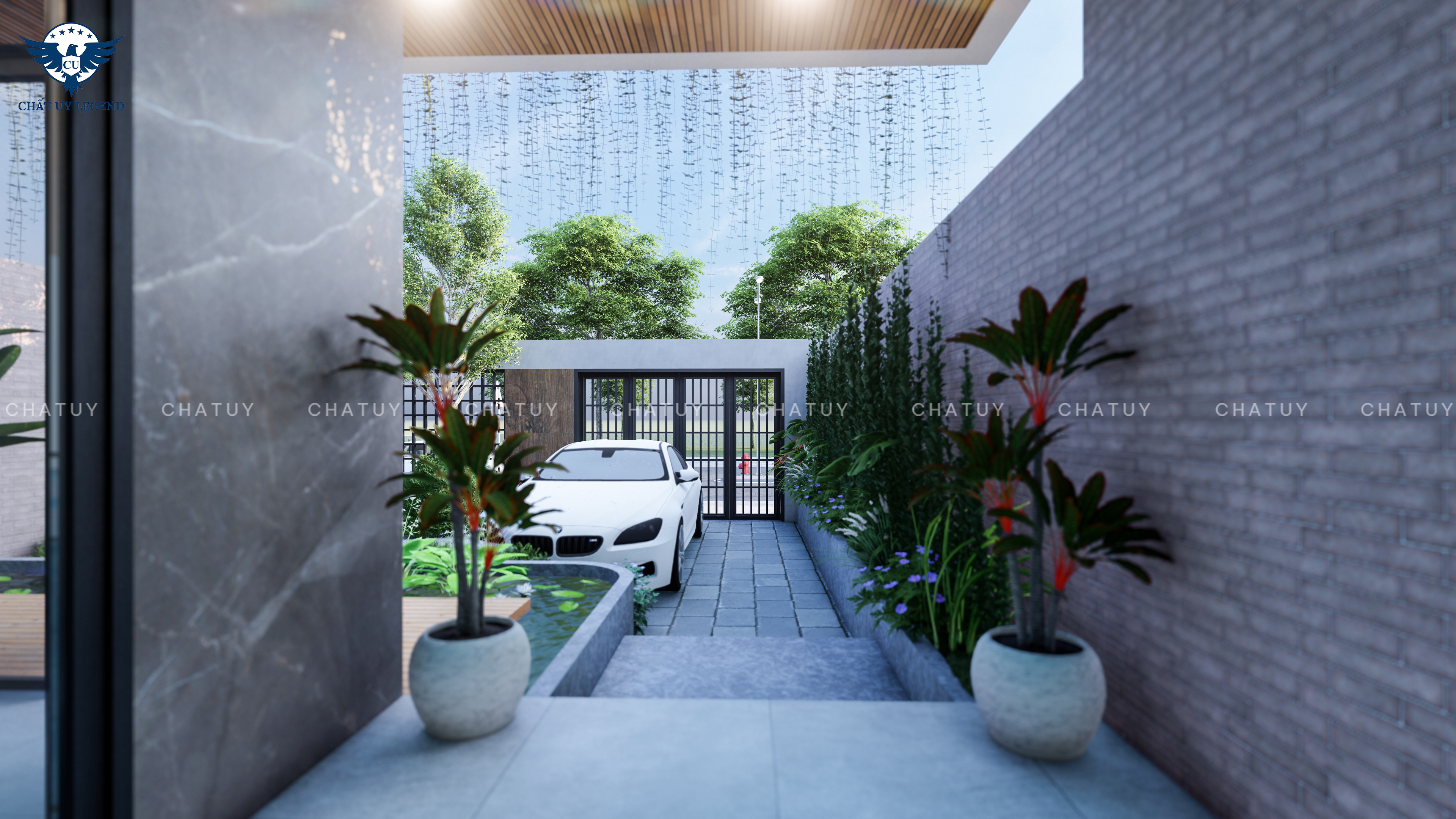 Góc nhìn từ cửa chính hướng ra cổng. Bậc tam cấp rộng, trải dài thuận tiện lên xuống biệt thự 3 tầng hiện đại 208m2
