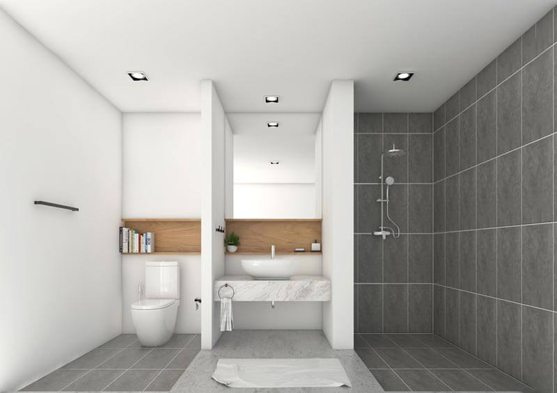 Nhà vệ sinh được thiết kế thành 3 khu tắm - rửa - vệ sinh riêng biệt. Tông màu xám giúp giữ vệ sinh tốt hơn, thuận tiện cho việc sử dụng lâu dài.
