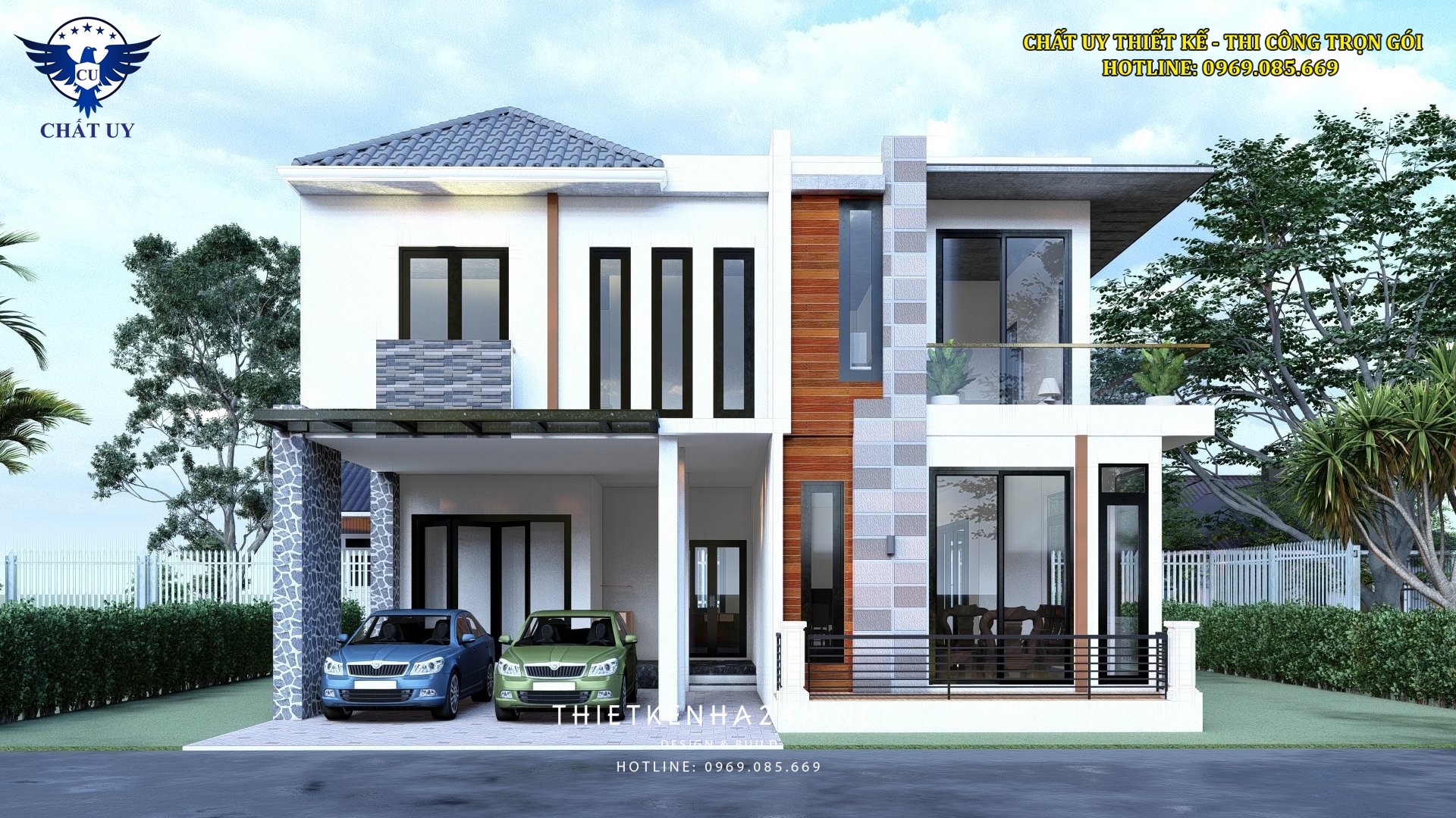Mặt tiền được thiết kế hình khối vô cùng ấn tượng. Gam màu trắng khiến căn nhà vừa sáng sủa, vừa sạch sẽ. Gara ô tô được bố trí ngay tại tầng trệt nhằm thuận lợi cho việc đi lại