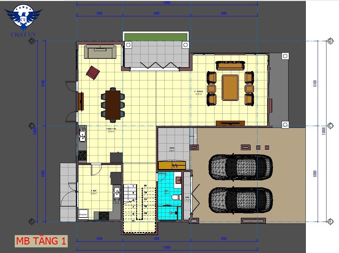 Sơ đồ bố trí mặt bằng tầng 1 gồm 1 phòng khách, 1 phòng bếp, 1 nhà vệ sinh. Gara ô tô bố trí ngay dưới mái hiên nhà