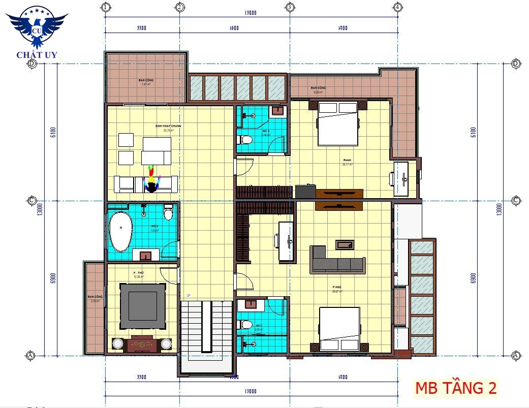 Sơ đồ bố trí mặt bằng tầng 2 gồm 1 phòng thờ, 2 phòng ngủ và 2 nhà vệ sinh. Đây là không gian riêng tư của các thành viên trong gia đình