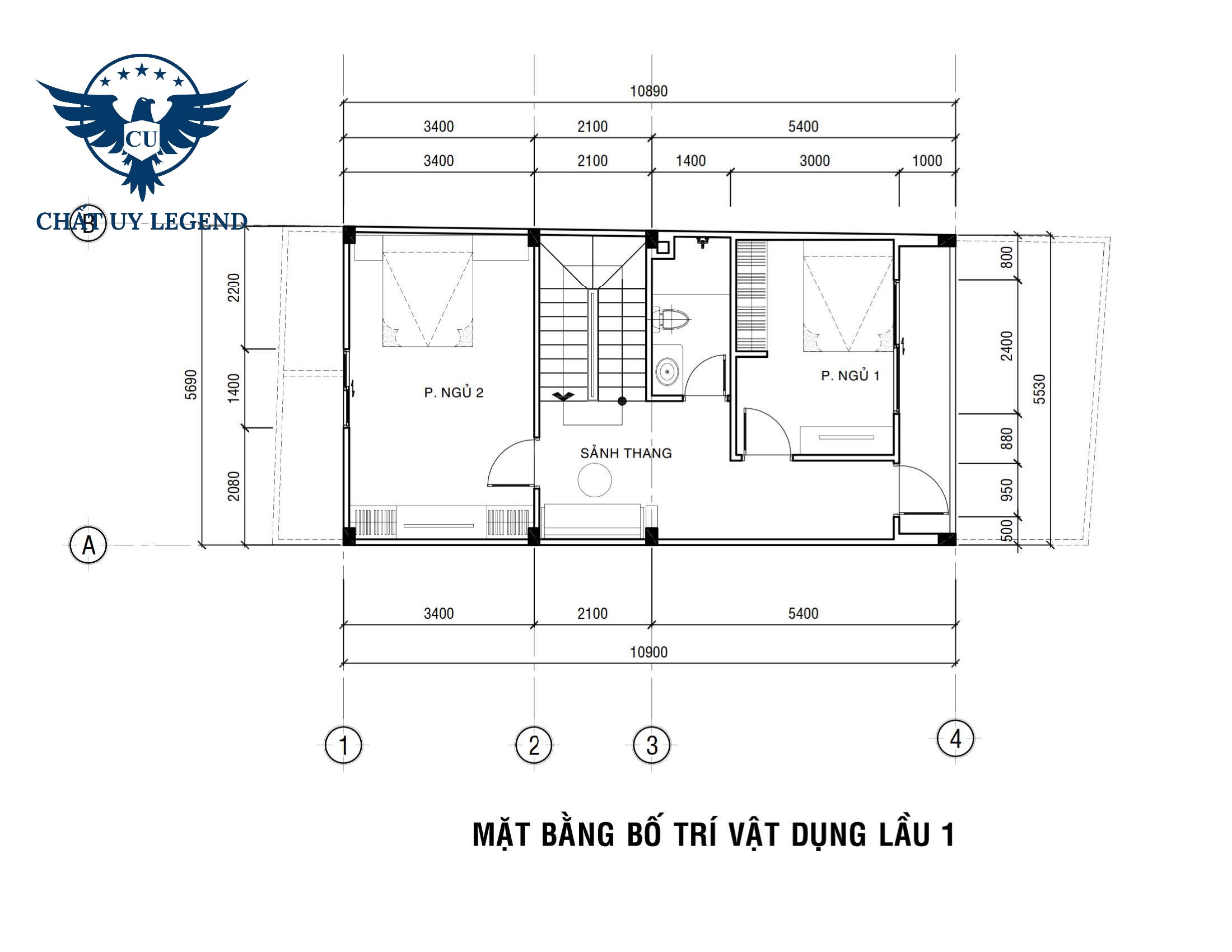 Bản vẽ chi tiết mặt bằng bố trí vật dụng lầu 1 của dự án thi công nhà phố 4 tầng hiện đại của anh Tân