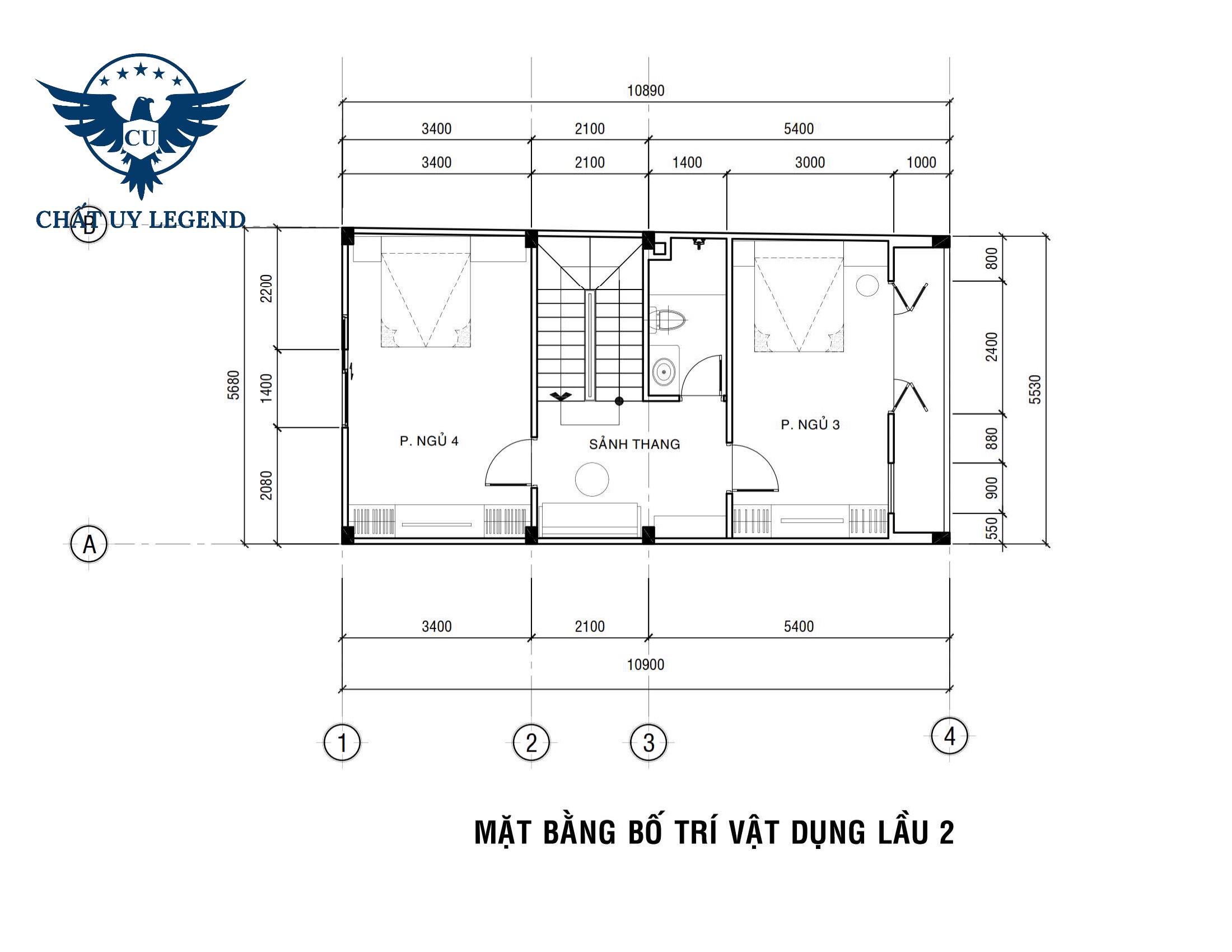 Bản vẽ chi tiết mặt bằng bố trí vật dụng lầu 2 của dự án thi công nhà phố 4 tầng hiện đại của anh Tân