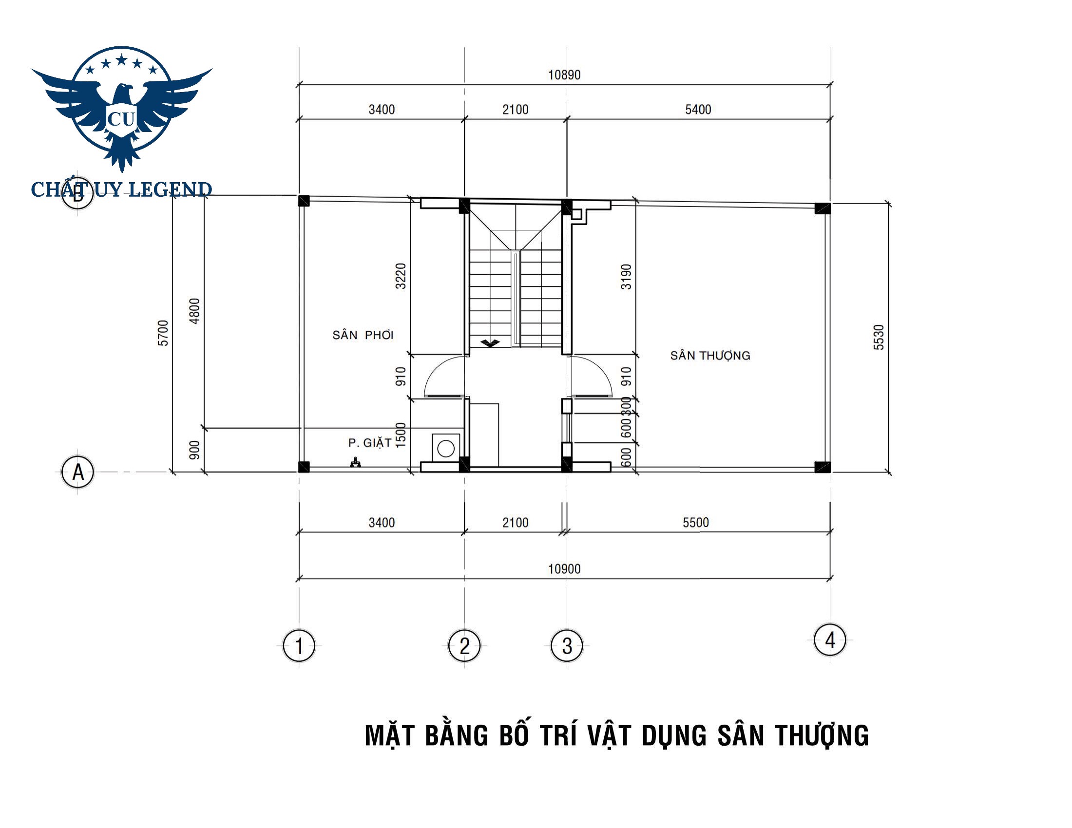 Bản vẽ chi tiết mặt bằng bố trí vật dụng sân thượng của dự án thi công nhà phố 4 tầng hiện đại của anh Tân
