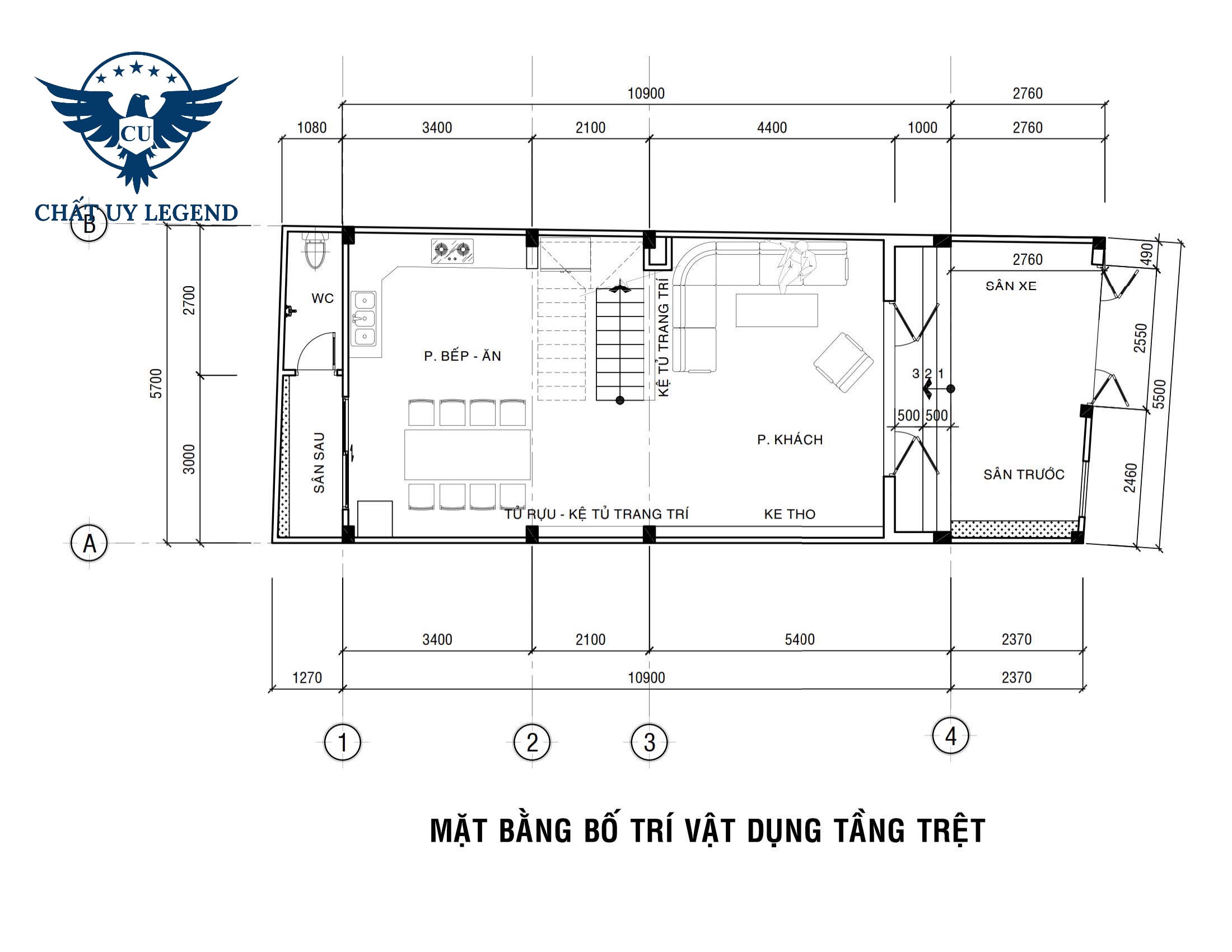 Bản vẽ chi tiết mặt bằng bố trí vật dụng tầng trệt của dự án thi công nhà phố 4 tầng hiện đại của anh Tân