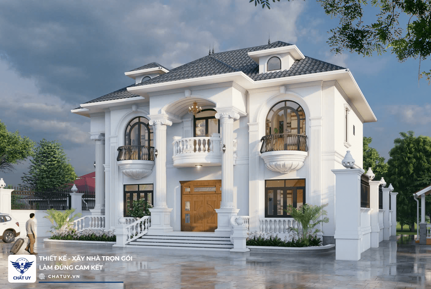 Căn biệt thự mái Nhật 2 tầng của anh Nhiệm được thiết kế theo phong cách tân cổ điển sang trọng. Quy mô được tính toán vừa đủ cho nhu cầu sinh hoạt của gia đình.