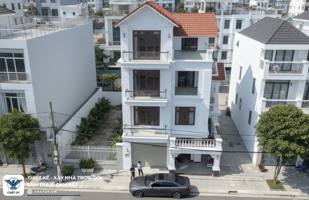 Hình ảnh mặt tiền ngồi nhà khang trang, hiện đại, với các thiết kế cân đối, nổi bật với mái thái màu đỏ đẹp mắt