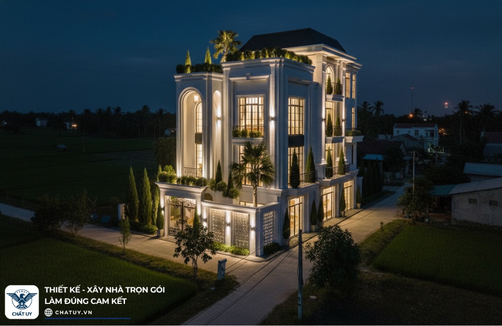 Hình ảnh hoàn thiện ngôi nhà phố 4 tầng tân cổ điển của anh Khoa