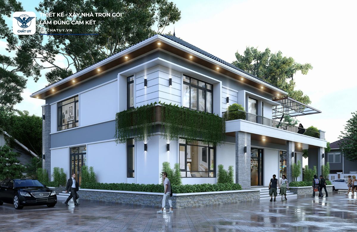 Phong cách hiện đại không sợ lỗi thời sau thời gian dài sử dụng. Kết hợp mái Thái tăng thêm thẩm mỹ cho công trình.