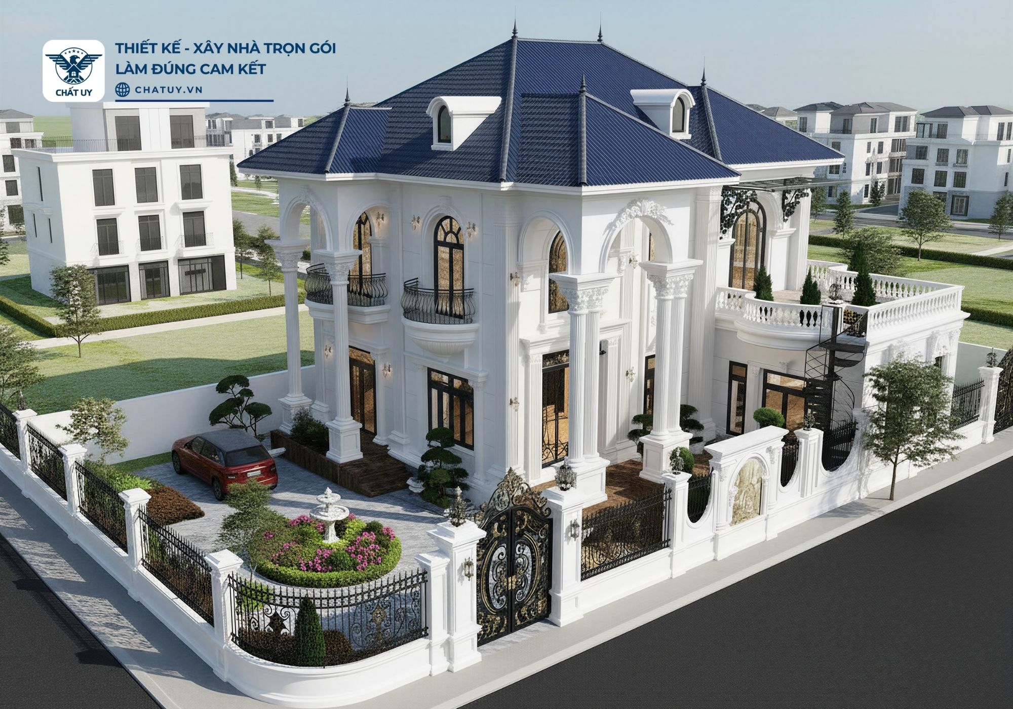 Phối cảnh tổng thể biệt thự nổi bật với mặt tiền rộng 12m và hệ mái Nhật thanh lịch.