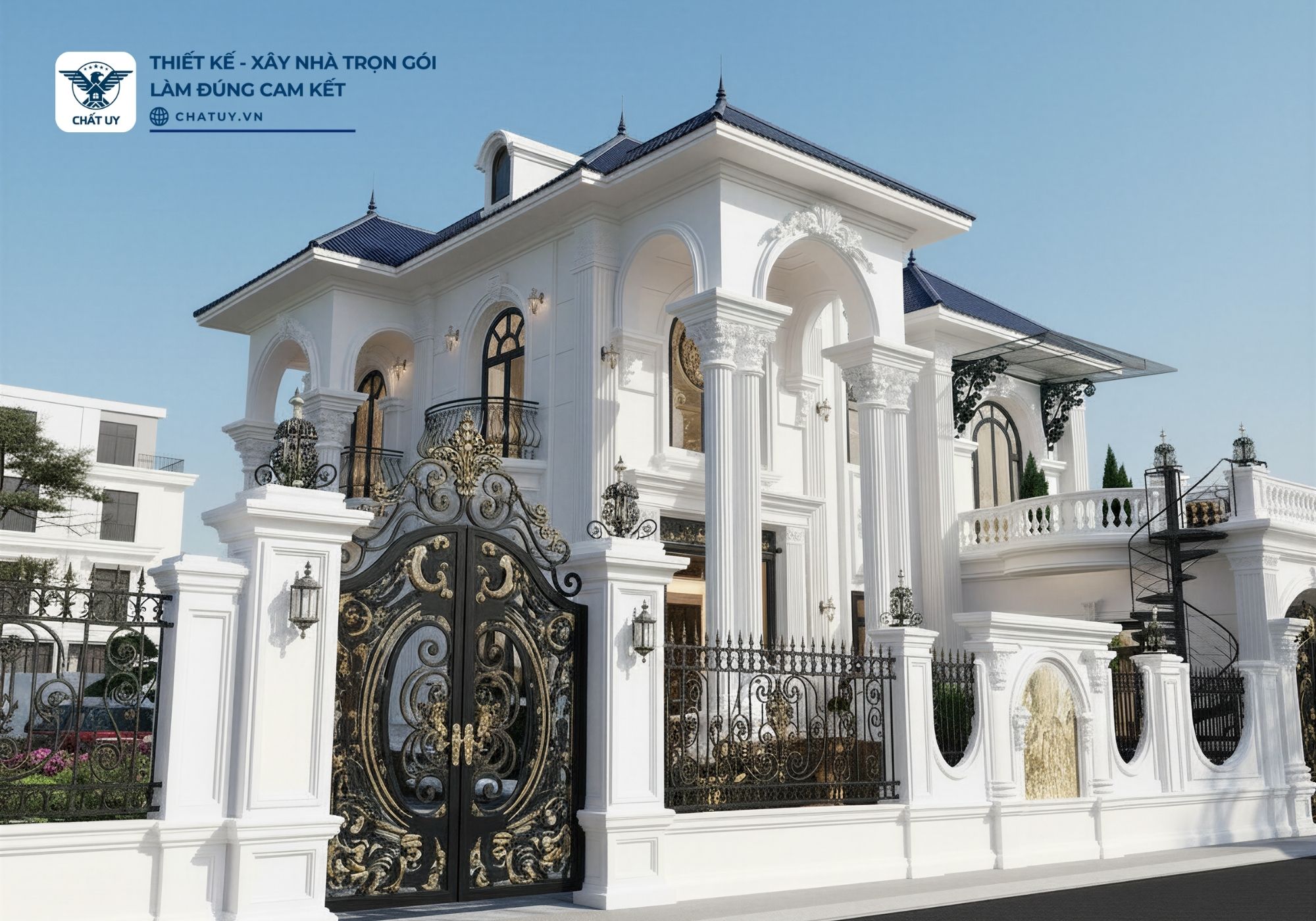 Tông màu trắng kem kết hợp hệ mái Nhật tạo nên vẻ đẹp thanh lịch, sang trọng cho toàn bộ công trình.