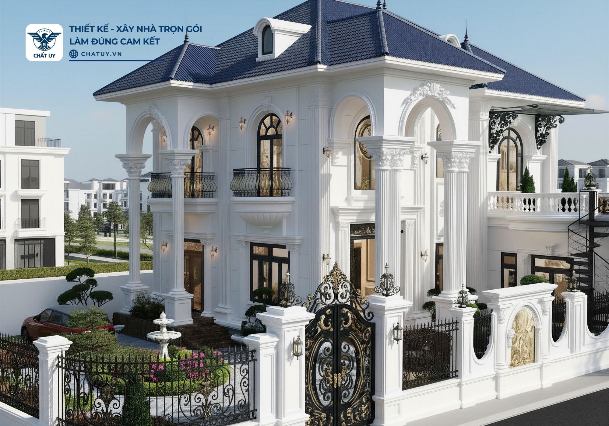 Các đường phào chỉ và hệ cột được tiết chế hợp lý, làm nổi bật vẻ đẹp thanh lịch của biệt thự.