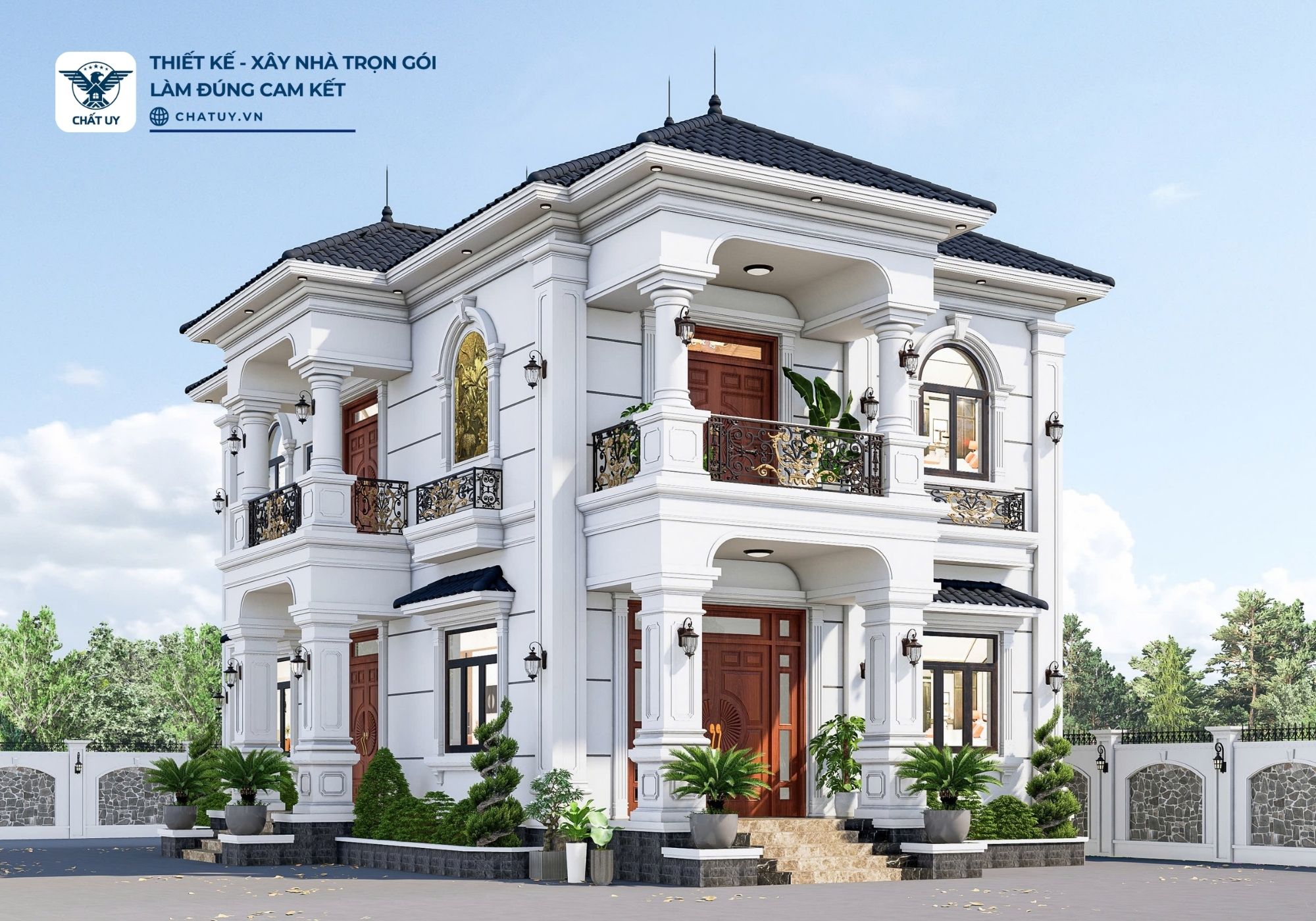 Biệt thự nổi bật với kiến trúc tân cổ điển cân đối cùng hệ mái Nhật thanh lịch.