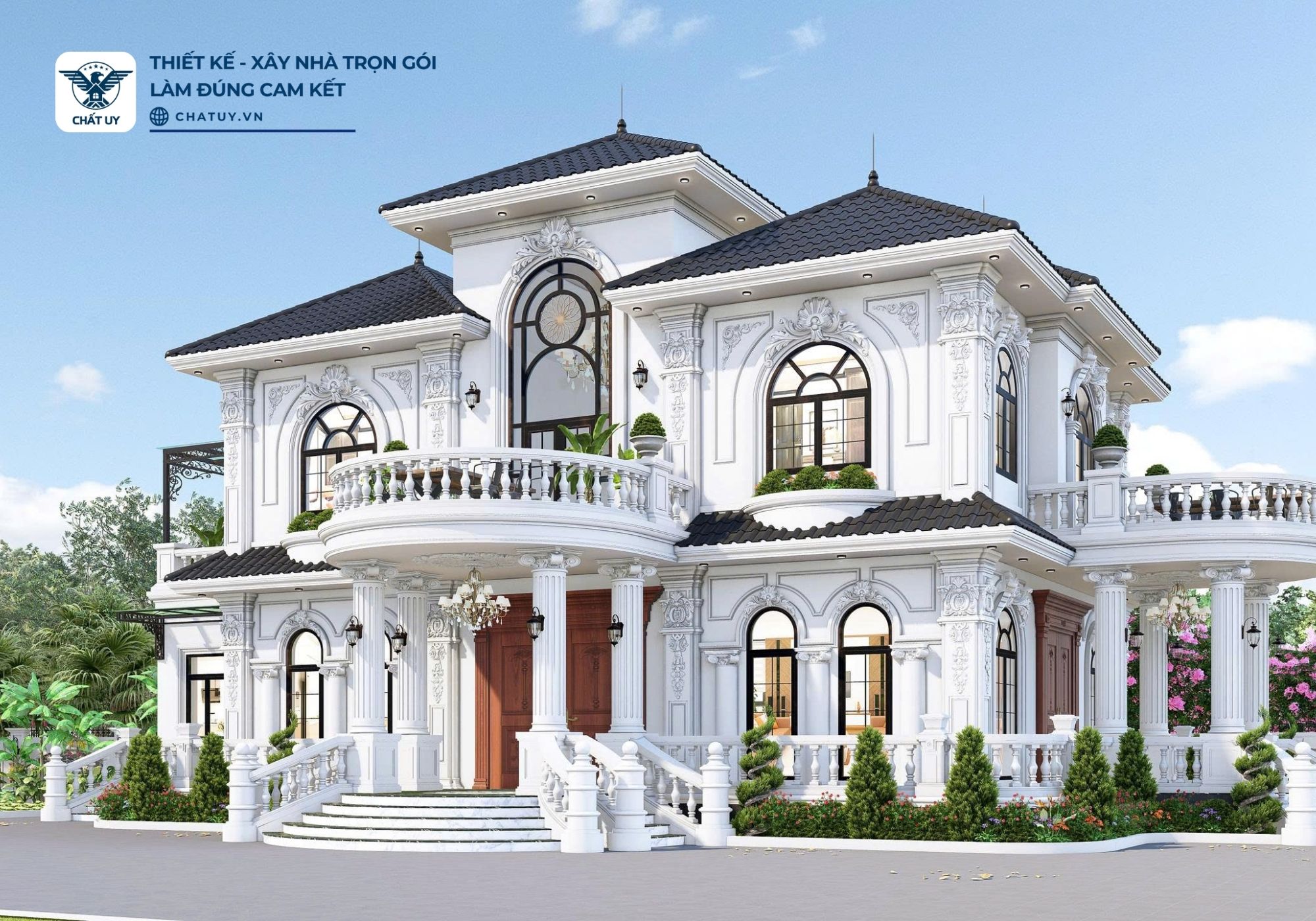 Tông màu trắng sáng tinh tế kết hợp phào chỉ, phù điêu làm nổi bật phong cách tân cổ điển sang trọng